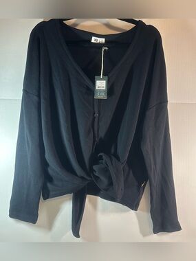 Ten Tree Black Ribbed Tie-Front Long Sleeve Top